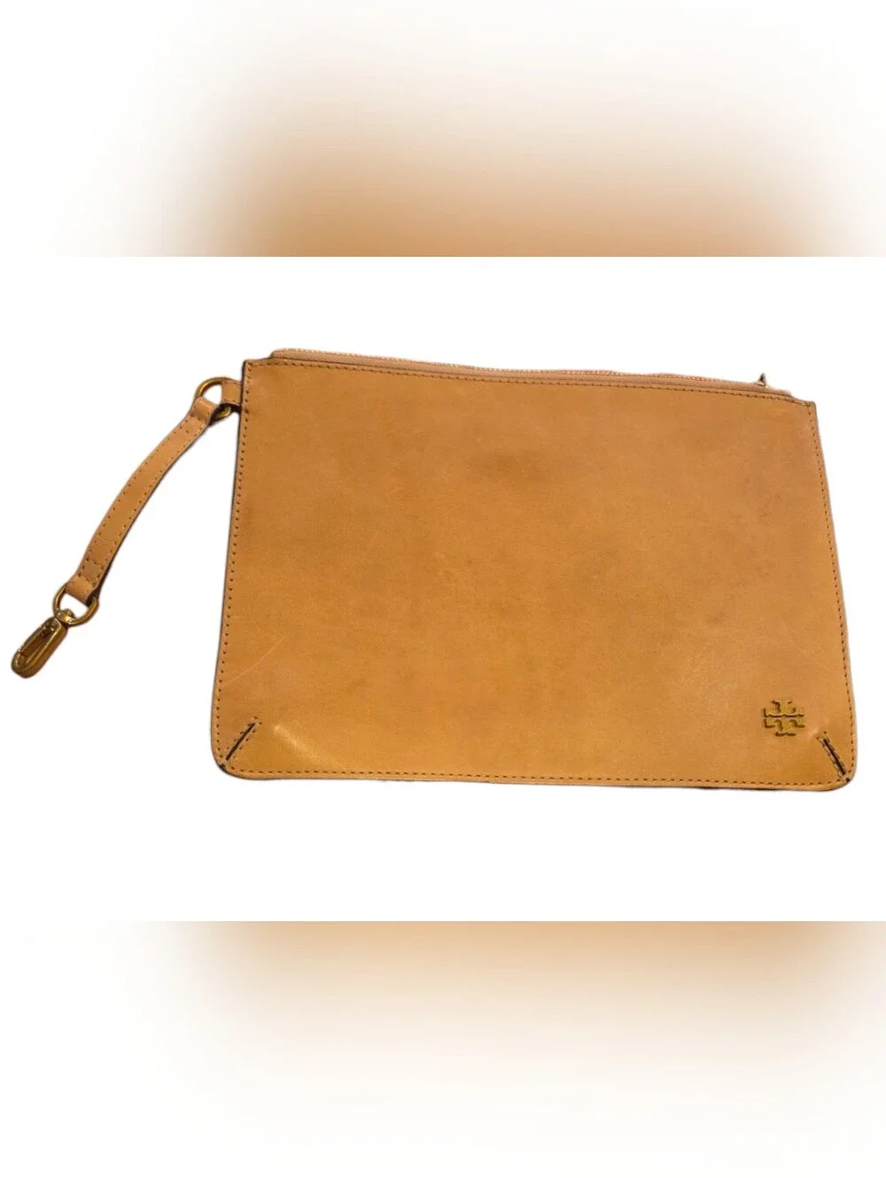 Tory Burch Distressed Leather Zip Pouch Minimalist Design with Signature Emblem